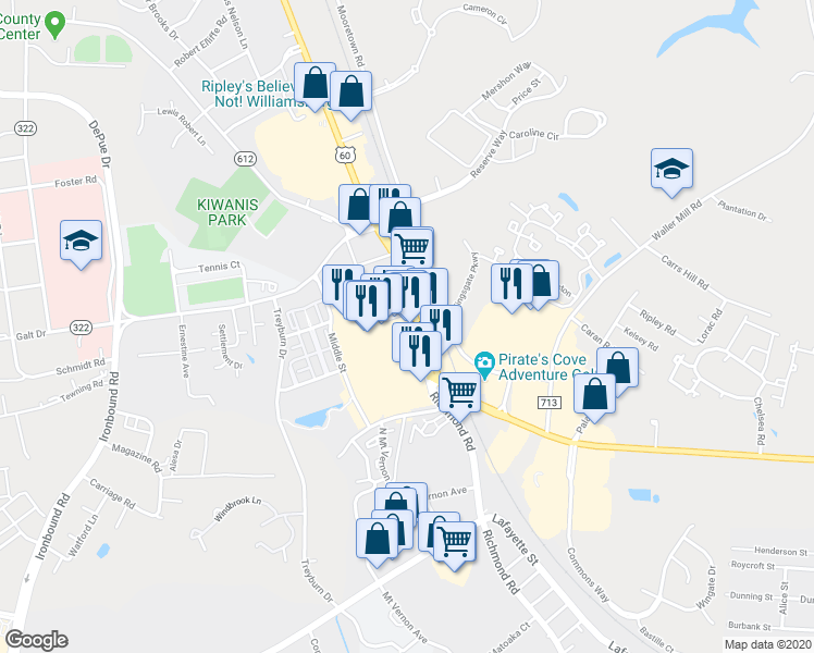 map of restaurants, bars, coffee shops, grocery stores, and more near 1430 High Street in Williamsburg