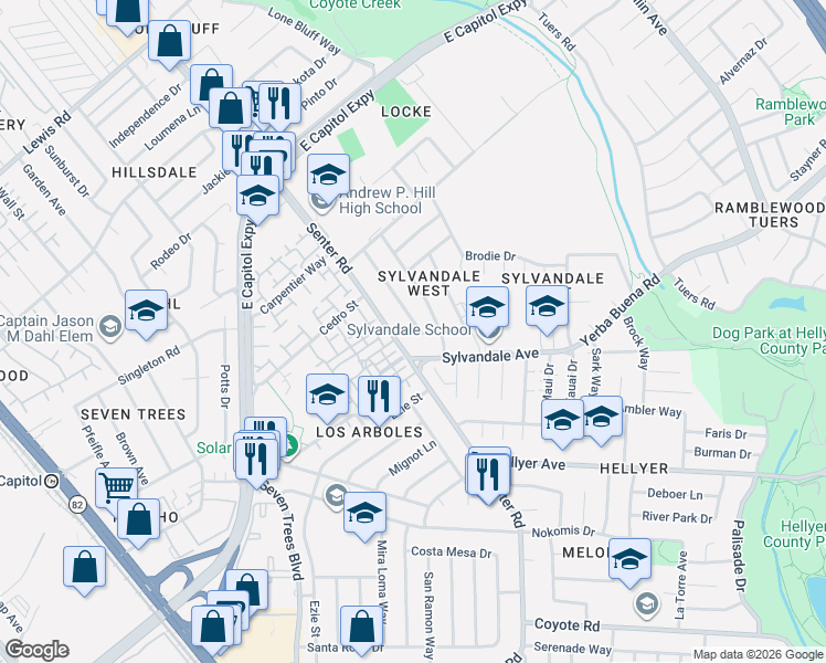 map of restaurants, bars, coffee shops, grocery stores, and more near 3579 Pitcairn Way in San Jose