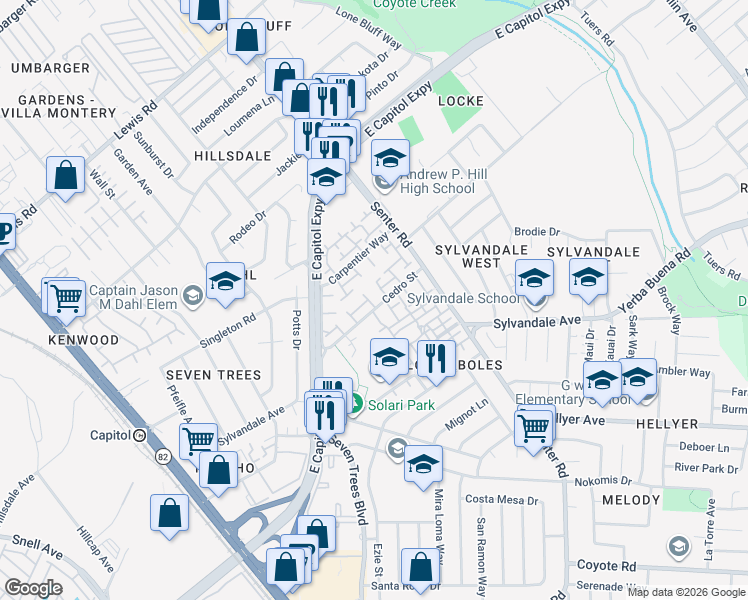 map of restaurants, bars, coffee shops, grocery stores, and more near 3436 Gemini Lane in San Jose