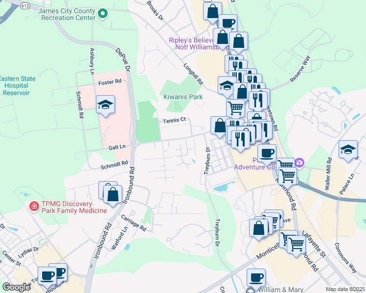 map of restaurants, bars, coffee shops, grocery stores, and more near 1001 Settlement Drive in Williamsburg