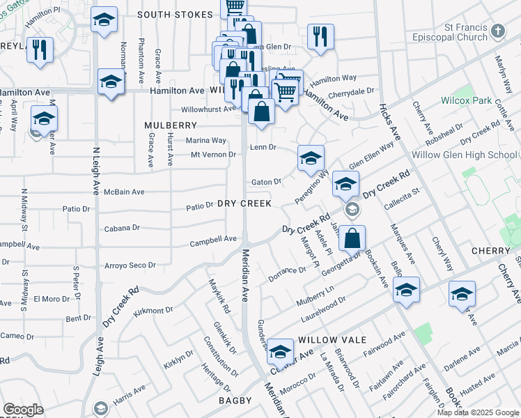 map of restaurants, bars, coffee shops, grocery stores, and more near 1932 Meridian Ave in San Jose