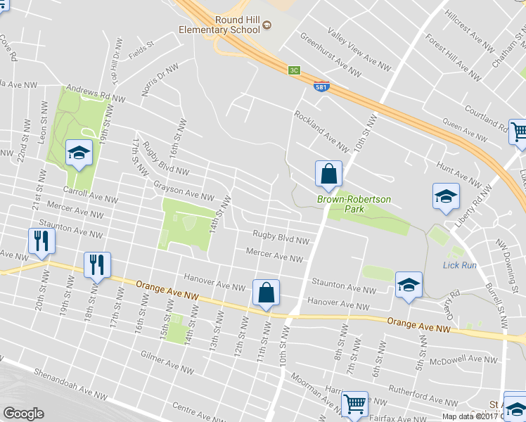 map of restaurants, bars, coffee shops, grocery stores, and more near 1201 Grayson Avenue Northwest in Roanoke