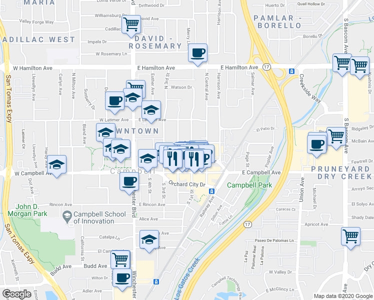 map of restaurants, bars, coffee shops, grocery stores, and more near 109 North 1st Street in Campbell