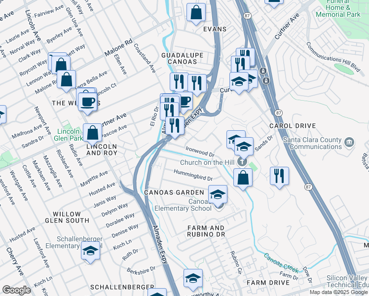 map of restaurants, bars, coffee shops, grocery stores, and more near Ironwood Drive & Rinconada Drive in San Jose