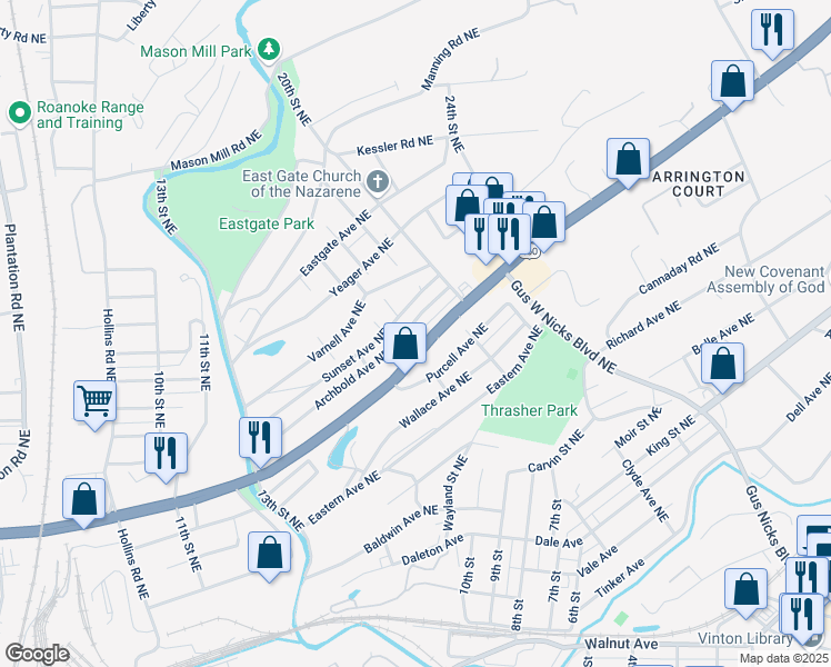 map of restaurants, bars, coffee shops, grocery stores, and more near 1807 Archbold Avenue Northeast in Roanoke