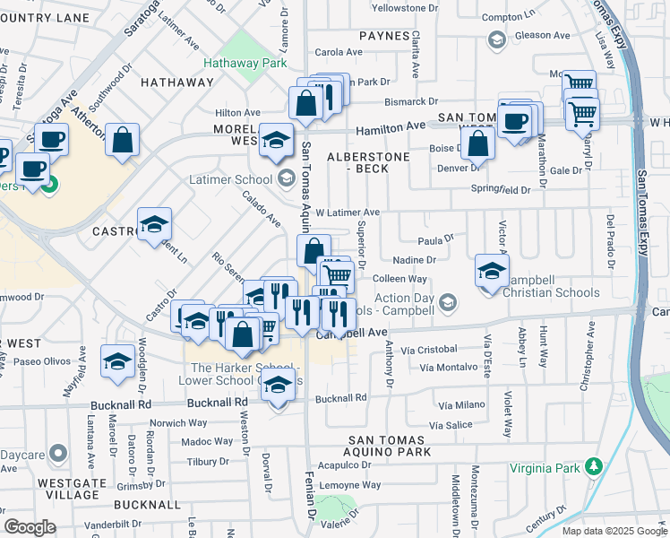 map of restaurants, bars, coffee shops, grocery stores, and more near 181 Burnham Court in Campbell