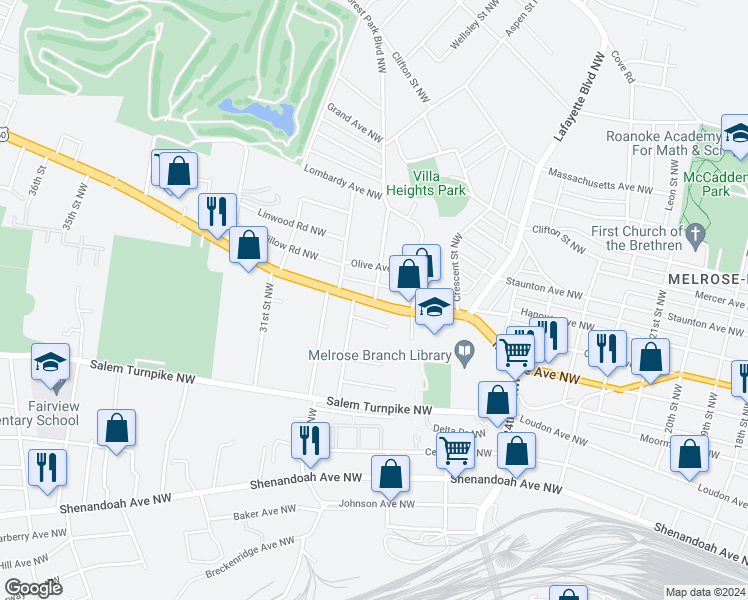 map of restaurants, bars, coffee shops, grocery stores, and more near 902 Palm Avenue Northwest in Roanoke