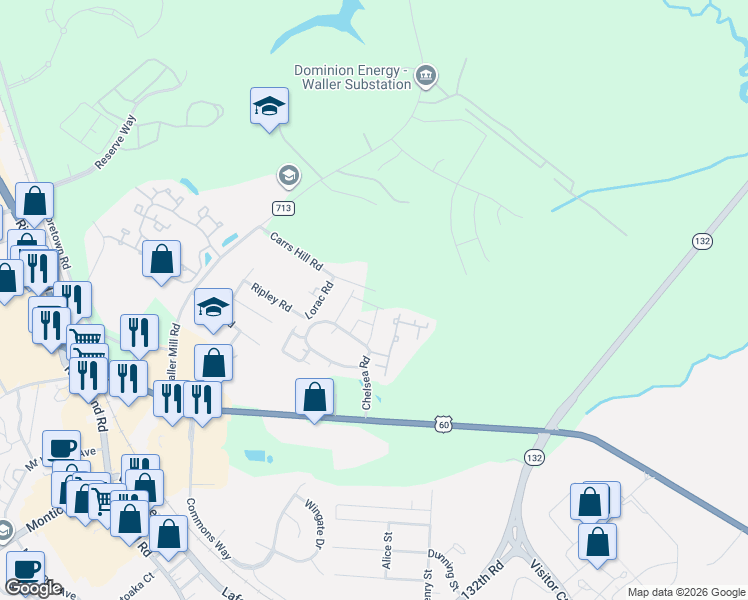 map of restaurants, bars, coffee shops, grocery stores, and more near 119 De La Warr Arch in Williamsburg