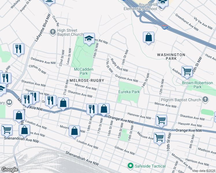 map of restaurants, bars, coffee shops, grocery stores, and more near 1632 Carroll Avenue Northwest in Roanoke