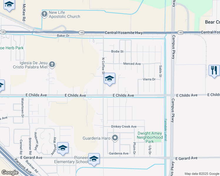 map of restaurants, bars, coffee shops, grocery stores, and more near 3076 East Childs Avenue in Merced