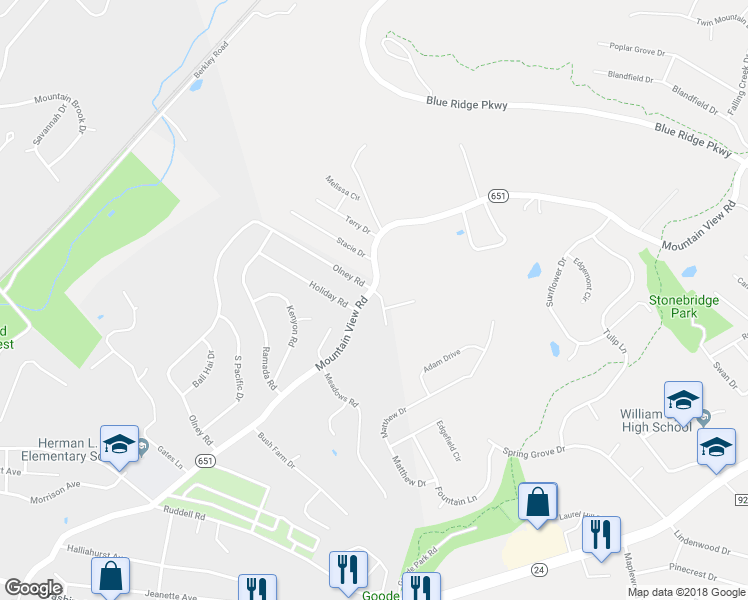 map of restaurants, bars, coffee shops, grocery stores, and more near 498 Olney Road in Vinton