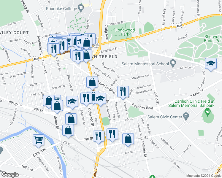 map of restaurants, bars, coffee shops, grocery stores, and more near 360 Walnut Avenue in Salem