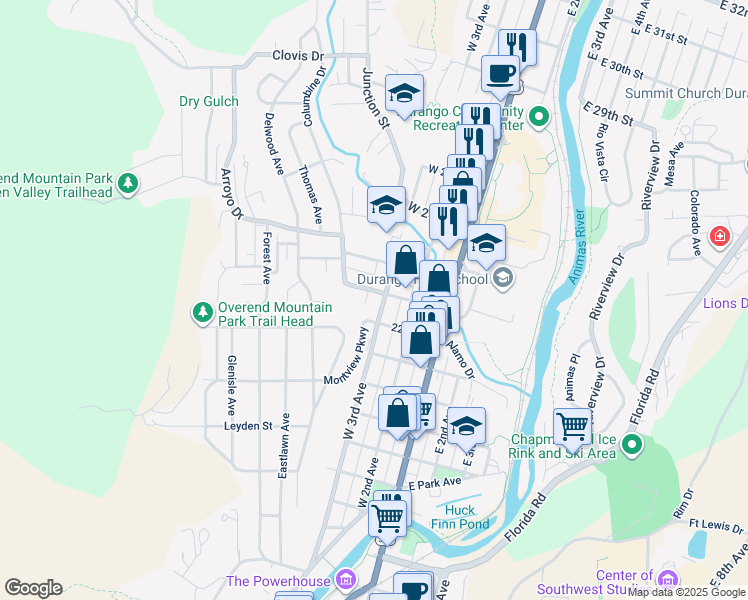 map of restaurants, bars, coffee shops, grocery stores, and more near 2275 West 3rd Avenue in Durango