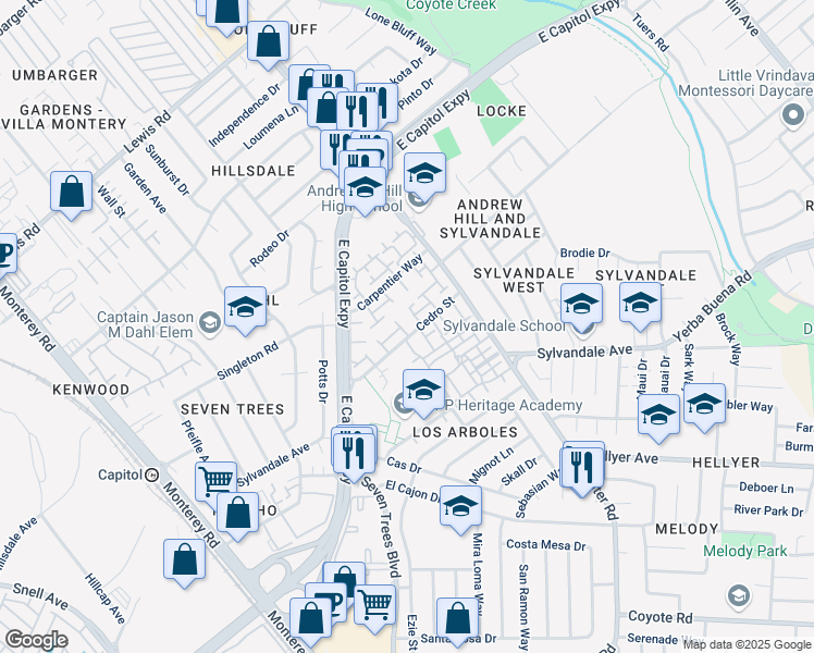map of restaurants, bars, coffee shops, grocery stores, and more near 3436 Gemini Lane in San Jose