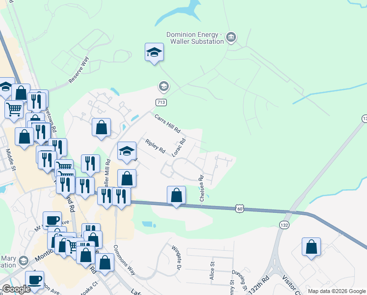map of restaurants, bars, coffee shops, grocery stores, and more near 211 Lorac Rd in Williamsburg