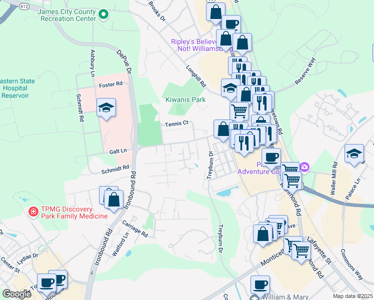 map of restaurants, bars, coffee shops, grocery stores, and more near 1010 Settlement Drive in Williamsburg