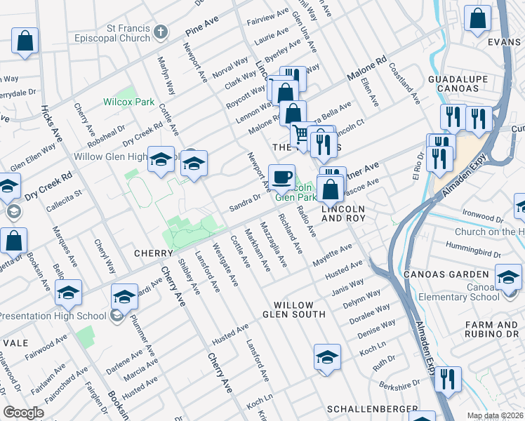 map of restaurants, bars, coffee shops, grocery stores, and more near 1221 Curtner Avenue in San Jose