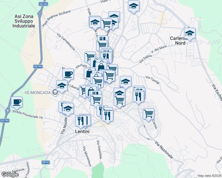 map of restaurants, bars, coffee shops, grocery stores, and more near 21 Via San Luciano in Lentini