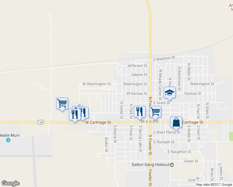 map of restaurants, bars, coffee shops, grocery stores, and more near West Kansas Street in Meade