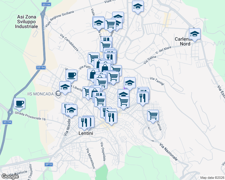 map of restaurants, bars, coffee shops, grocery stores, and more near 21 Via San Luciano in Lentini