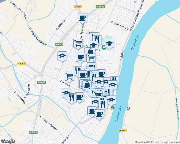 map of restaurants, bars, coffee shops, grocery stores, and more near in Coria del Río