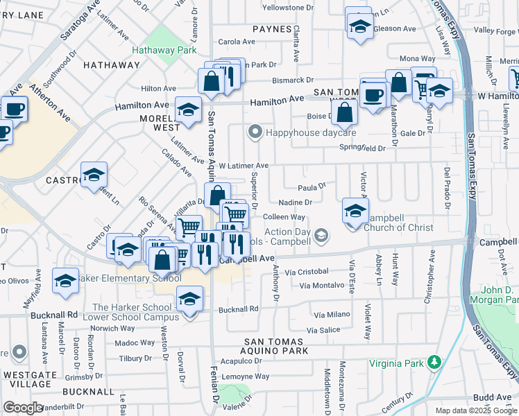 map of restaurants, bars, coffee shops, grocery stores, and more near 184 Superior Drive in Campbell