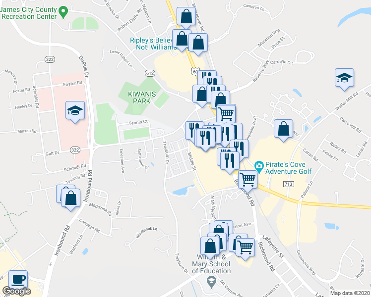 map of restaurants, bars, coffee shops, grocery stores, and more near Sterling Manor Drive in Williamsburg
