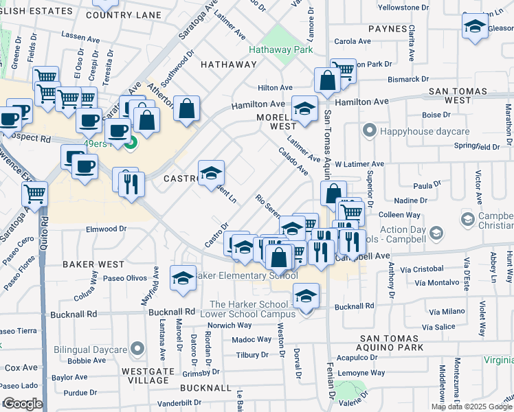 map of restaurants, bars, coffee shops, grocery stores, and more near 1847 Palo Santo Drive in Campbell