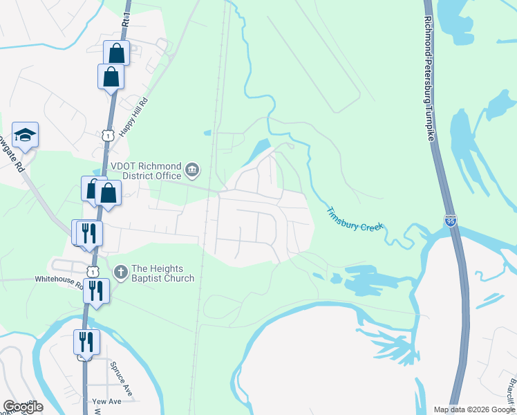 map of restaurants, bars, coffee shops, grocery stores, and more near 2118 Circlestone Court in Colonial Heights