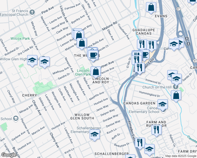 map of restaurants, bars, coffee shops, grocery stores, and more near 2289 Lincoln Avenue in San Jose