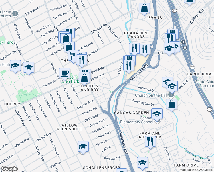 map of restaurants, bars, coffee shops, grocery stores, and more near 1023 Roy Avenue in San Jose