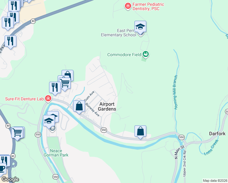 map of restaurants, bars, coffee shops, grocery stores, and more near 21 Meadow Glen Drive in Hazard