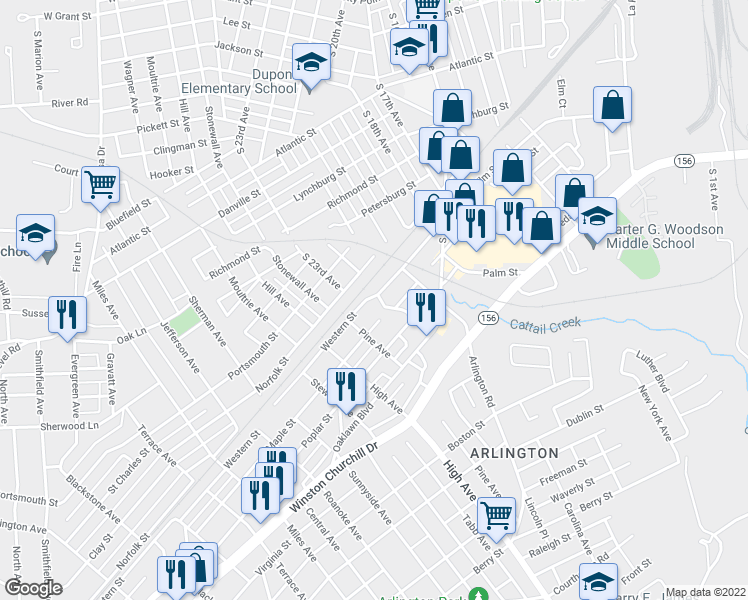map of restaurants, bars, coffee shops, grocery stores, and more near 710 Crestline Boulevard in Hopewell