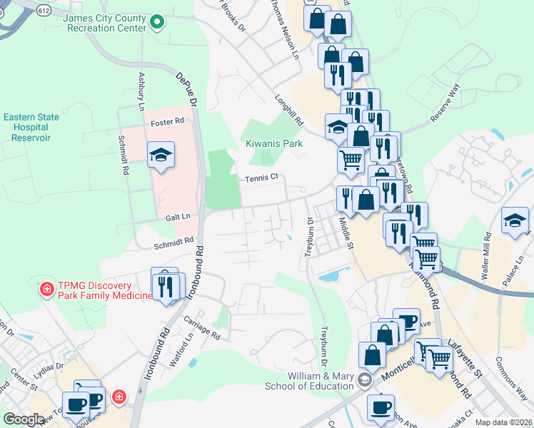 map of restaurants, bars, coffee shops, grocery stores, and more near 1001 Settlement Drive in Williamsburg