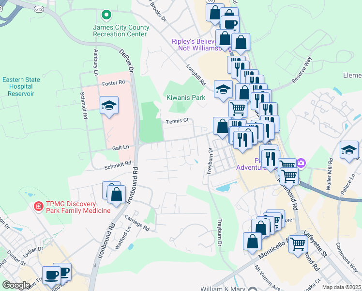 map of restaurants, bars, coffee shops, grocery stores, and more near 906 Settlement Drive in Williamsburg