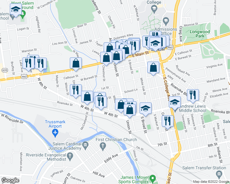 map of restaurants, bars, coffee shops, grocery stores, and more near 318 White Street in Salem