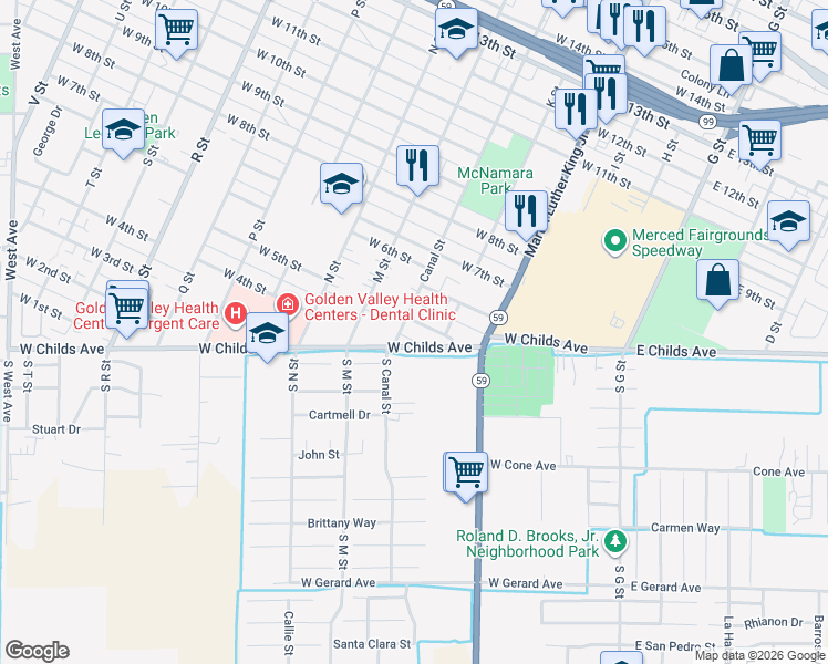 map of restaurants, bars, coffee shops, grocery stores, and more near 414 Canal Street in Merced