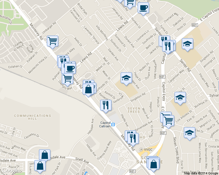 map of restaurants, bars, coffee shops, grocery stores, and more near 94 Kenbrook Circle in San Jose