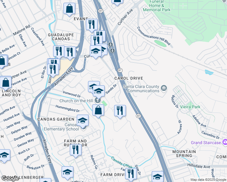 map of restaurants, bars, coffee shops, grocery stores, and more near 310 Sands Drive in San Jose