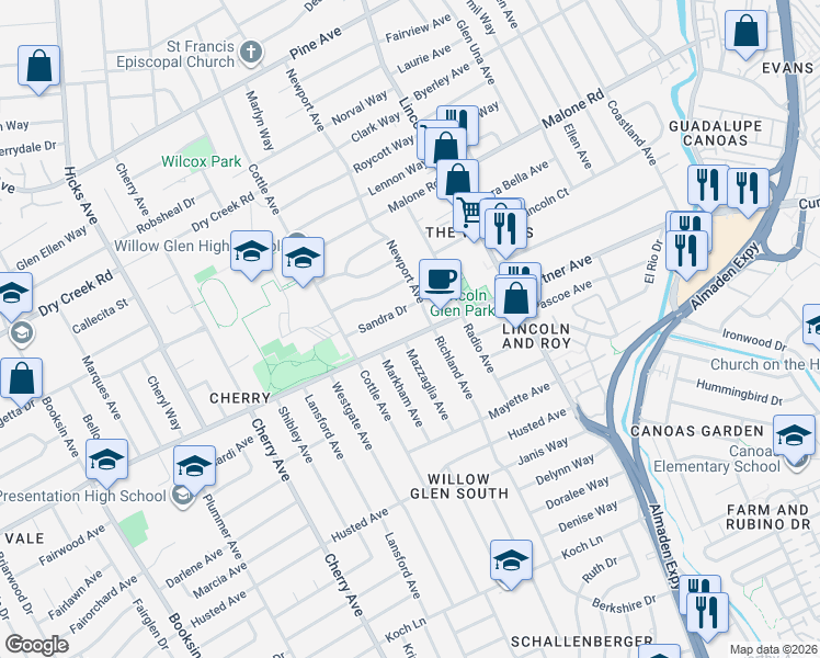 map of restaurants, bars, coffee shops, grocery stores, and more near 1221 Curtner Avenue in San Jose