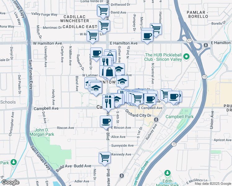 map of restaurants, bars, coffee shops, grocery stores, and more near 13 Heritage Village Lane in Campbell