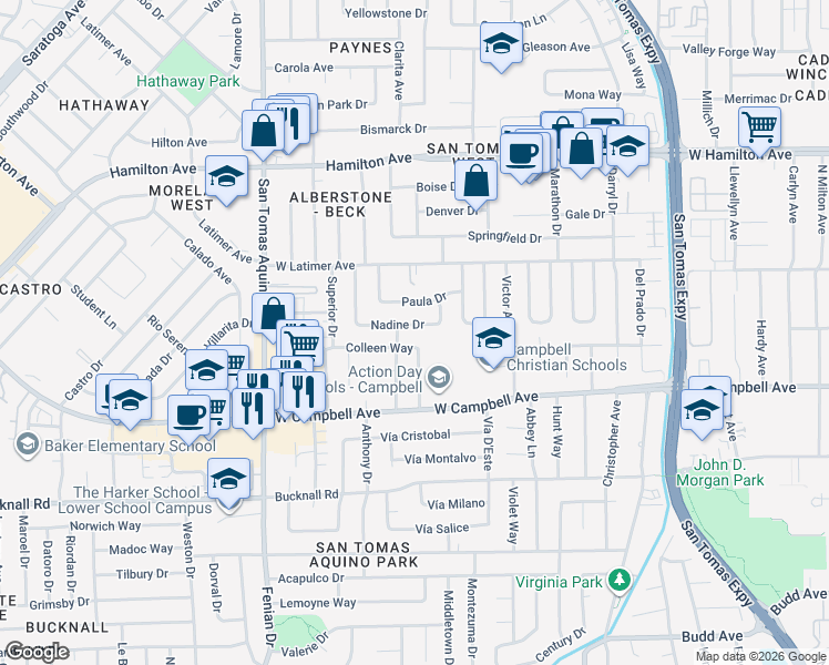 map of restaurants, bars, coffee shops, grocery stores, and more near 1195 Colleen Way in Campbell