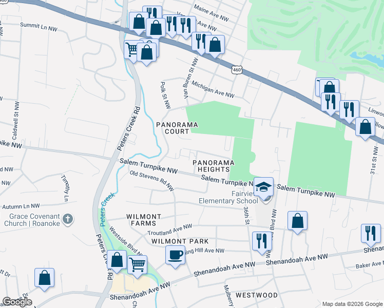 map of restaurants, bars, coffee shops, grocery stores, and more near 3836 Panorama Avenue Northwest in Roanoke