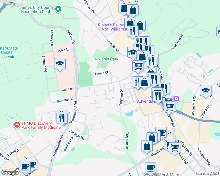 map of restaurants, bars, coffee shops, grocery stores, and more near 104 Bristol Commons in Williamsburg