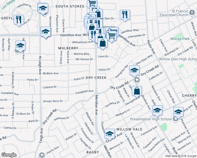 map of restaurants, bars, coffee shops, grocery stores, and more near 1932 Meridian Avenue in San Jose