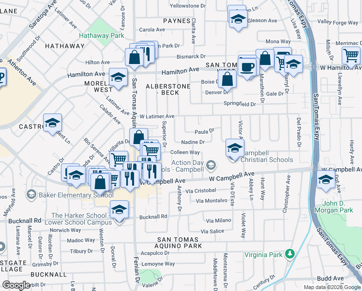 map of restaurants, bars, coffee shops, grocery stores, and more near 1273 Colleen Way in Campbell