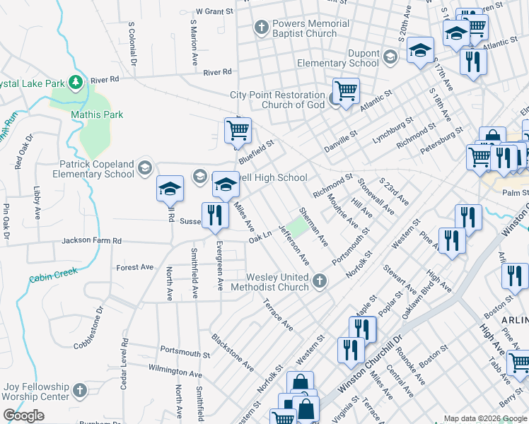 map of restaurants, bars, coffee shops, grocery stores, and more near 409 Miles Avenue in Hopewell