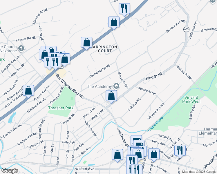 map of restaurants, bars, coffee shops, grocery stores, and more near 2550 Belle Avenue Northeast in Roanoke