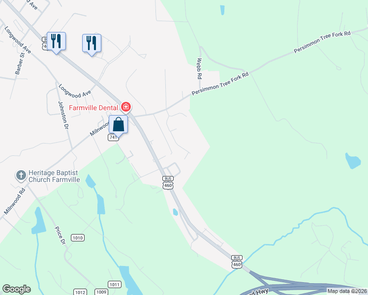 map of restaurants, bars, coffee shops, grocery stores, and more near 1914 Woodland Trail in Farmville