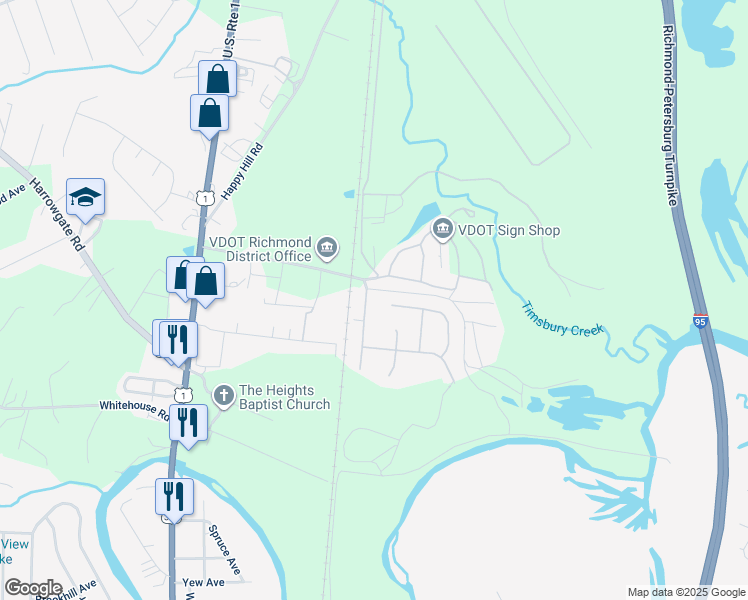 map of restaurants, bars, coffee shops, grocery stores, and more near 16903 Lansmill Drive in Colonial Heights